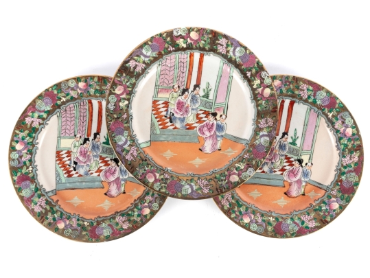 Set Of Three 19th C. Chinese Famille Rose Plates With Court Scenes