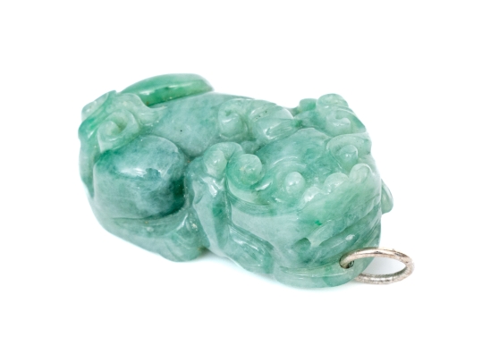 Striking Carved Green Nephrite Jade Pendant, Possibly A Dragon, Fu Dog Or Bixie Motif