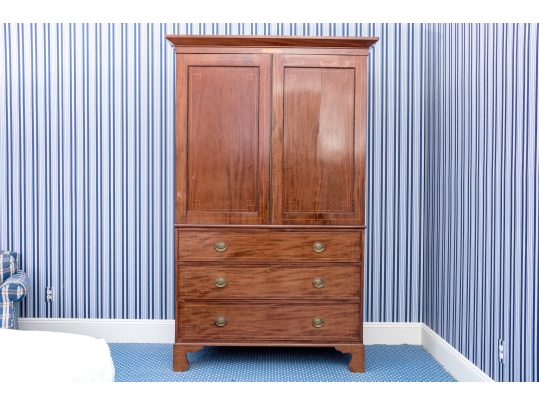 Antique Federal Mahogany Inlaid Linen Press