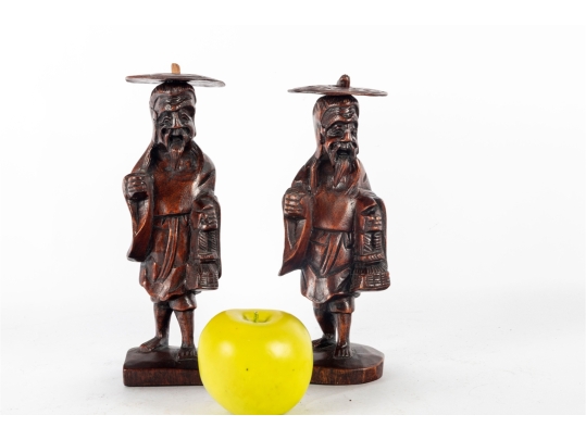 Pair Of Chinese Carved Wood Elder Figures With Removable Hats