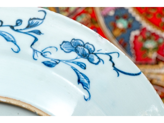 Set Of Seven Antique Chinese Export Blue And White Canton Pattern Porcelain Plates