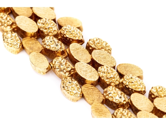 18k Yellow Gold Impactful Heavy Brutalist Textured Oval Link Chevron Motif Bracelet