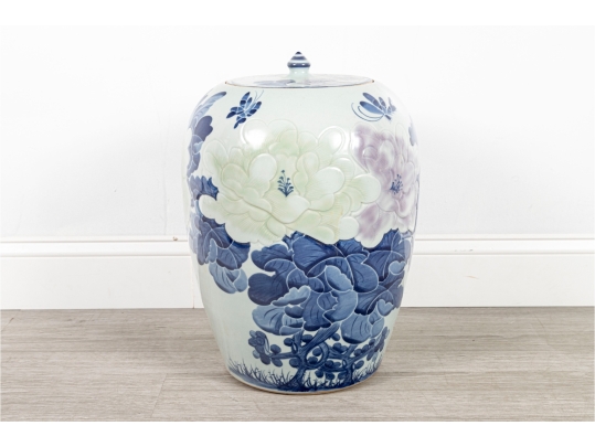 Large Hand-Painted Chinese Ceramic Peony Motif Jar 