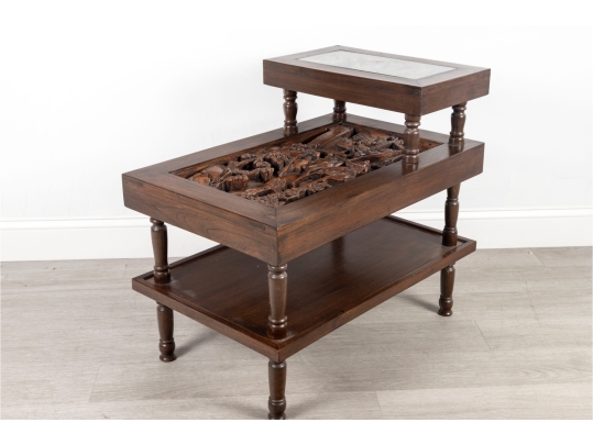 Mid-20th Century Chinese Hand-Carved Tiered Side Table With Figural Panels
