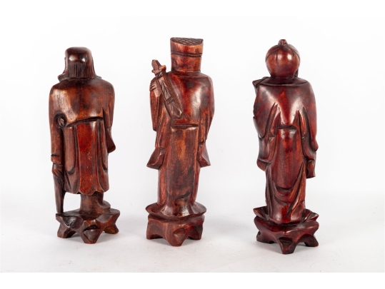 Set Of Three Hand-Carved Chinese Wooden Immortal Figures