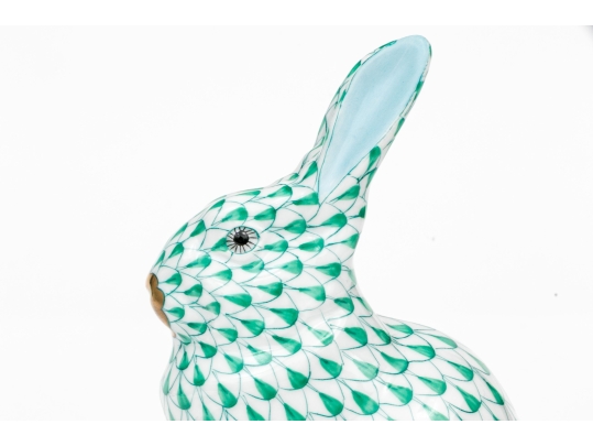 Herend Hungary Hand-Painted Porcelain Rabbit Figure, Green Fishnet Pattern