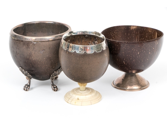 Three Antique Wood And Silver Mounted Goblets
