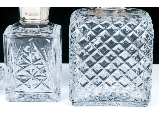 Group Of Three English Cut Glass Decanters Or Perfumes With Sterling Silver Collars