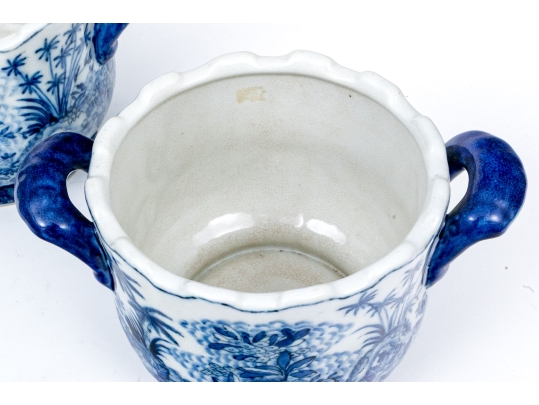 Pair Of Decorative Chinese Export Style Blue And White Twin Handled Wine Coolers