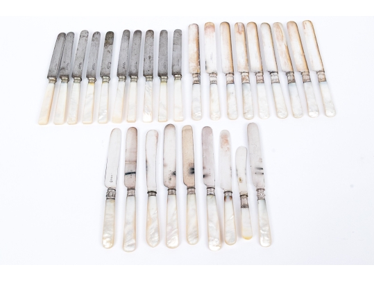 Set Of Antique English Mother Of Pearl Handled Knives, 28 Pieces