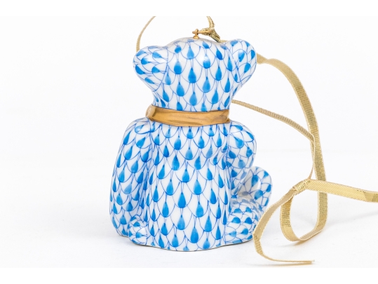 First Edition Herend Hungary Hand-Painted Porcelain Teddy Bear Ornament, Blue Fishnet Pattern