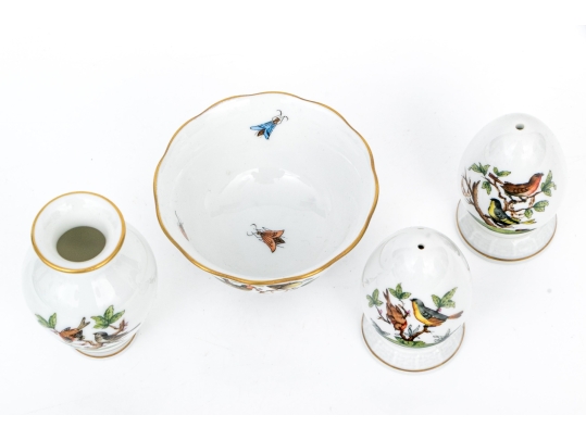 Four Herend Hungary Hand-Painted Porcelain Small Tablewares, Rothschild Bird (RO) Pattern