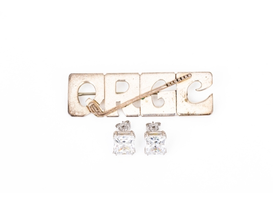Pair Of Sterling Silver Jewelry Pieces, Including Stud CZ Earrings And A Brooch