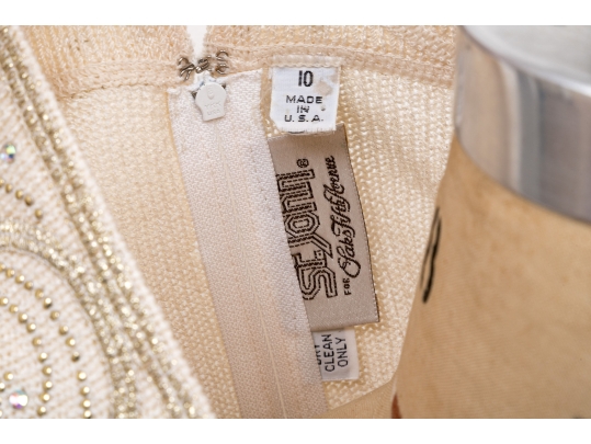 St. John Ivory White Sweater Dress With Sequinned Collar, Size 10