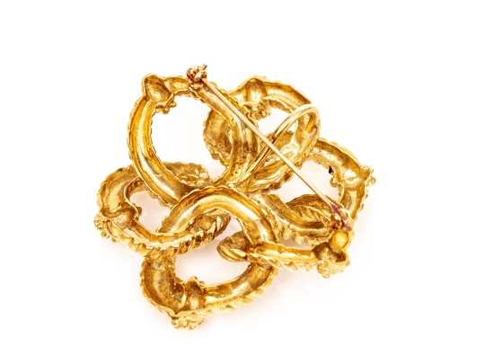 18k Yellow Gold Magnificent Ribbed And Beaded Knot Brooch/necklace Enhancer