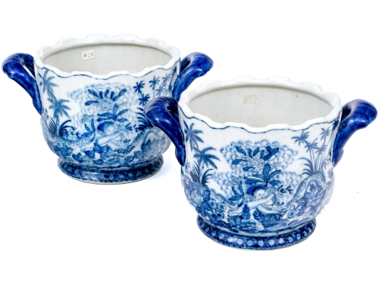 Pair Of Decorative Chinese Export Style Blue And White Twin Handled Wine Coolers
