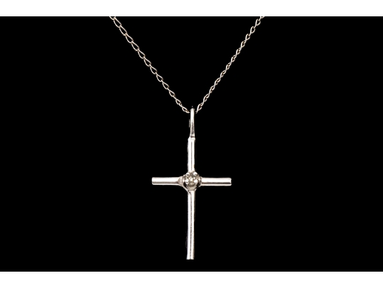 14k White Gold Fine Curb Chain With Sterling Silver Contemporary Cross