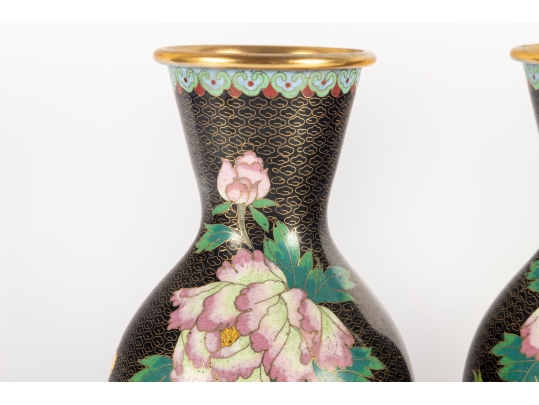 Pair Of Vintage Black Cloisonné Vases With Peony Motif