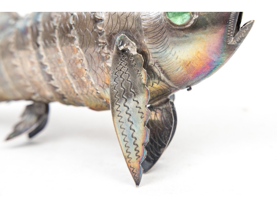 Vintage Sterling Silver Articulating Fish With Green Glass Eyes
