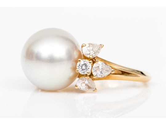 Fred 18k Yellow Gold Magnficent Vintage South Sea Cultured Pearl And Diamond Ring, Size 5.75