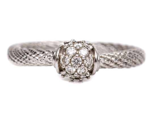 18k White Gold Lovely Cable And Pave Diamond Ball Ring, App. 0.18 TCW, Size 6