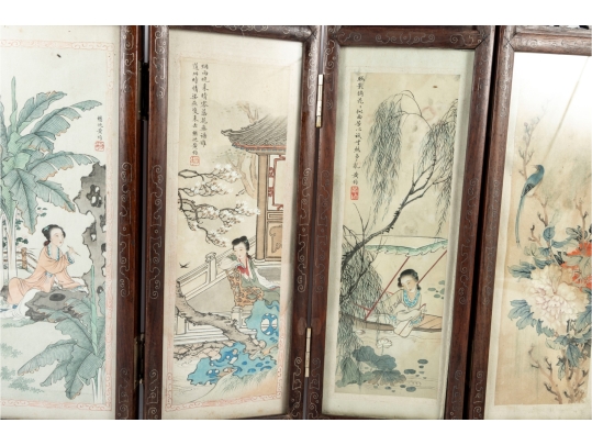 Vintage Chinese Folding Table Screen With Hand-Painted Scenes