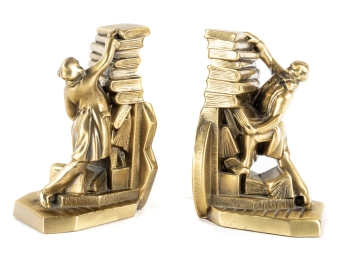 Vintage 'Struggling Librarian' Brass Bookends By PM Craftsman