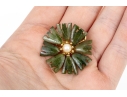 Vintage Synthetic Nephrite And Cultured Pearl Flower Motif Costume Jewelry Brooch