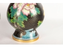 Pair Of Vintage Black Cloisonné Vases With Peony Motif