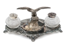 English Silver Plated Inkwell With Two Crystal Inkwells