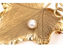 14k Yellow Gold Striking Vintage Textured Grape Leaf And Cultured Pearl Brooch
