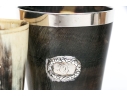 Antique English Collection Of Three Carved Horn Horn Cups, Sterling Mounted 