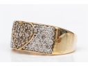 10k Yellow Gold Fun Brown And White Pave Diamond Heart Motif Ring, App. 0.98 TCW, Size 6.75+
