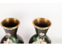 Pair Of Vintage Black Cloisonné Vases With Peony Motif