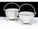 Compatible Pair Of Antique Sterling Silver And Silverplate With White Opaline Glass Baskets