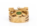 10k Yellow Gold Vintage Brutalist Style Nephrite Jade And Seed Pearl Set Ring, Size 4.75