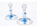 Pair Of Herend Hungary Hand-Painted Porcelain Candlesticks, Blue Chinese Bouquet Pattern