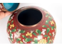 Pair Of Chinese Cloisonné Red Lidded Ginger Jars With Floral Motifs