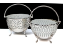 Compatible Pair Of Antique Sterling Silver And Silverplate With White Opaline Glass Baskets