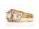 14k Radiant, Cut, Round And Baguette Diamond Ring With Attached Band, App. 1.02 TCW, Size 4.5