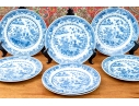 Set Of Seven Antique Chinese Export Blue And White Canton Pattern Porcelain Plates