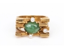 10k Yellow Gold Vintage Brutalist Style Nephrite Jade And Seed Pearl Set Ring, Size 4.75
