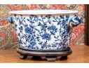 Decorative Chinese Export Style Twin Handled Jardiniere With Wood Stand