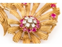 Karbra Yellow Gold Magnificent Vintage Ruby And Diamond Flower Cluster Brooch
