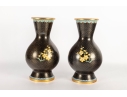 Pair Of Vintage Black Cloisonné Vases With Peony Motif