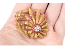 Karbra Yellow Gold Magnificent Vintage Ruby And Diamond Flower Cluster Brooch