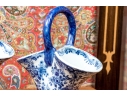 Decorative Chinese Pair Of Blue And White Basket Form Vases