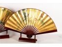 Pair Of Japanese Gilt Folding Fans On Stands