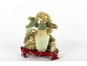 Carved Green Jade Dragon And Qilin Sculpture On Wood Base