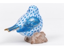 Herend Hungary Hand-Painted Porcelain Stout Bird Figure On Branch, Blue Fishnet Pattern